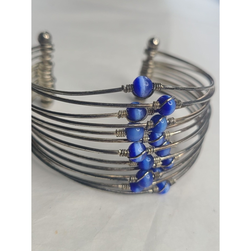 Vintage Multi-Layer Silvertone Wired  Blue beads Cuff Bracelet 7 Inch